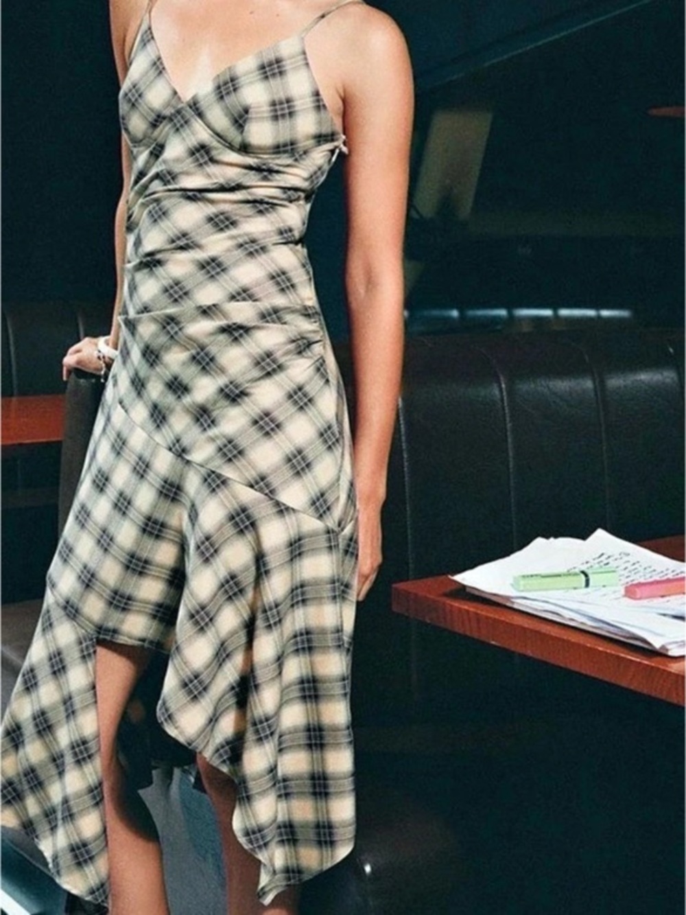 Stradivarius Beige Check Asymmetric Midi Dress Size S New